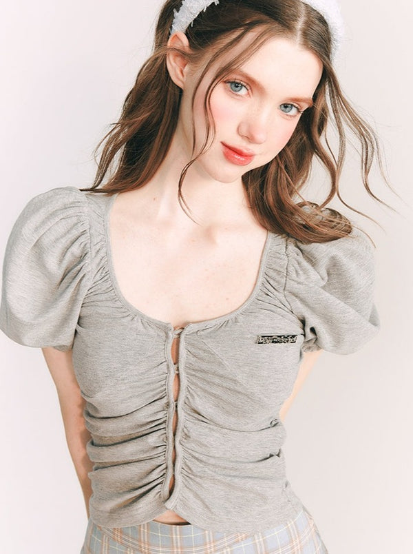 センターオープンスモールパフスリーブトップス