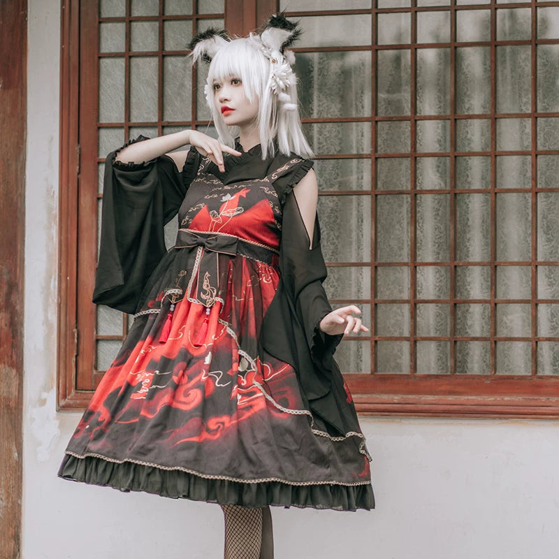 Rüschen-Kitsune-Transparentes-Stufenkleid