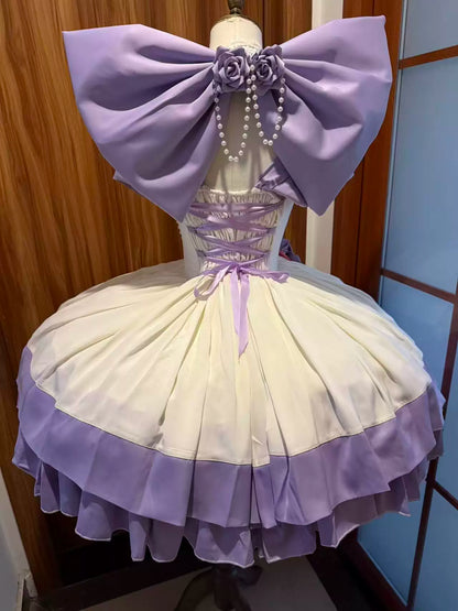 [Vorbestellfrist 28. Juni] Lila-weißes schulterfreies Princess-Lolita-Kleid mit Rosenband + Komplettset + Accessoires