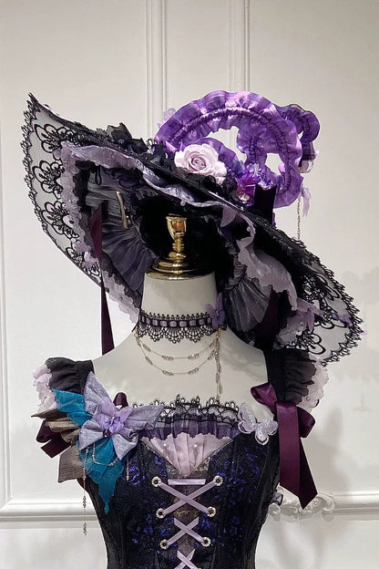 [Reservierungsschluss 29. August] Accessoires der dunkelgotischen Schmetterlingsserie in Lila x Schwarz (prächtiger Hexenhut, Haarband mit Schleier, Handgelenkmanschetten, Paar Haarclips, Rückenschleppenband)