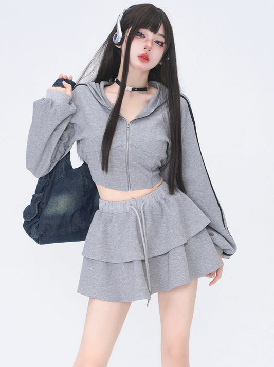 Casual Sporty Hooded Parka + Flared Skirt