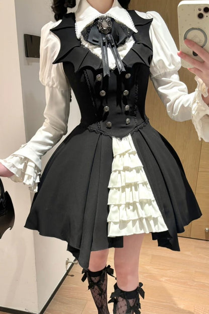 [Pre-order Deadline: October 29] Gothic Vampire Butler White Lace Flare Sleeve Shirt + Bat Collar Ruffle High-Low Lolita JSK Dress Set + Jewel Bow Tie