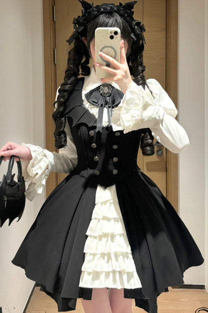 [Pre-order Deadline: October 29] Gothic Vampire Butler White Lace Flare Sleeve Shirt + Bat Collar Ruffle High-Low Lolita JSK Dress Set + Jewel Bow Tie