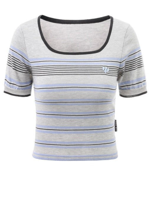 スクエアカラーカラーボーダーショートトップス