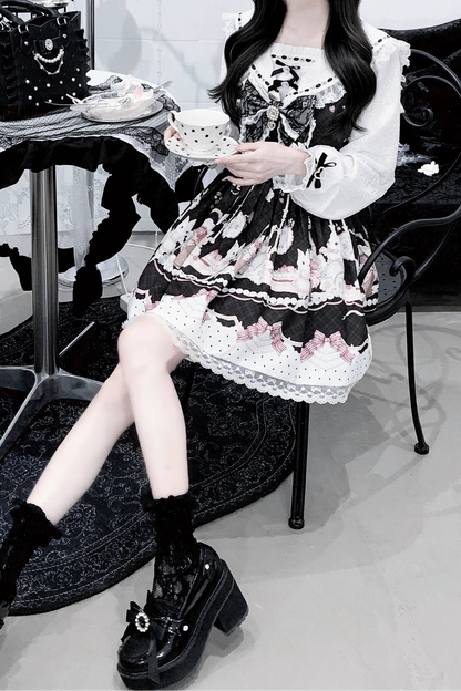 【8月30日予約締切】Black and Pink rabbit print lace sailor collar Op dress +pleated dress skirt set＋ 3 Styles of Bow Tie Available