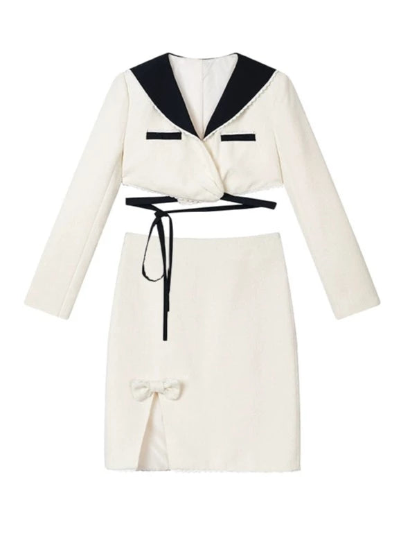 Cross Short Jacket + Slit Ribbon Tight Skirt