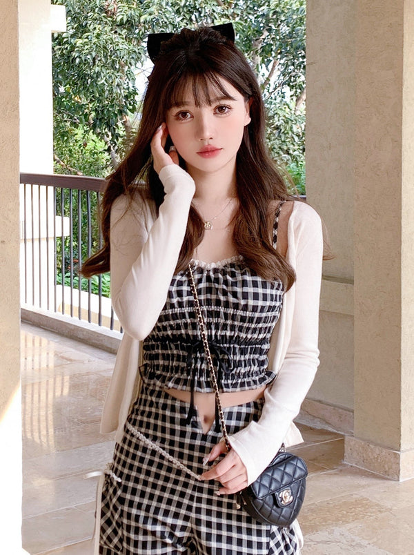 Sweet Check Camisole + Check Long Pants + Sheer Summer Cardigan