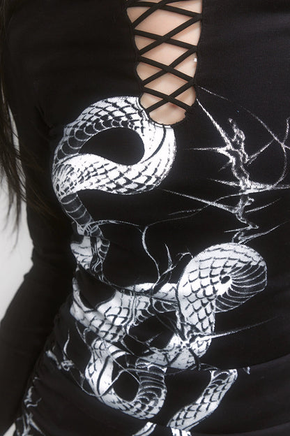 Dark Snake Lace-Up Neck Tight Top