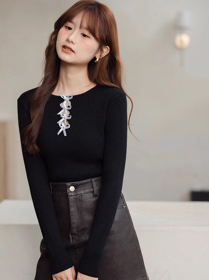 Ribbon Round Neck Design Loose Wool Slim Top