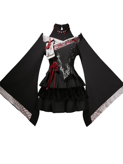 【10月7日予約締切】Black and Red Chinese Dark Gothic Lolita Wide Sleeve Asymmetrical Hem Top + Layered Ruffle Skirt + Necklace + Full Set