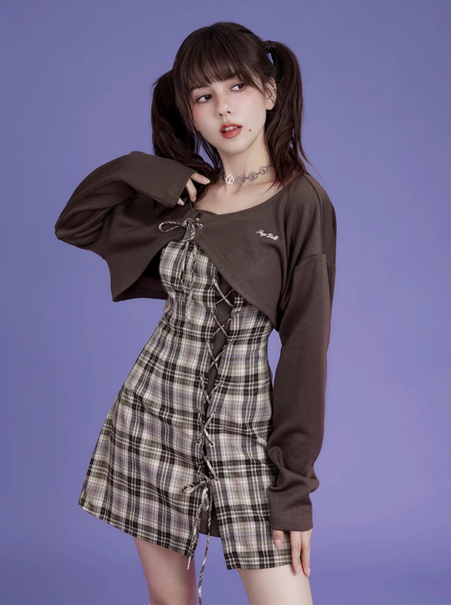 Logo Sweat Top + Check Lace-Up Camisole Dress