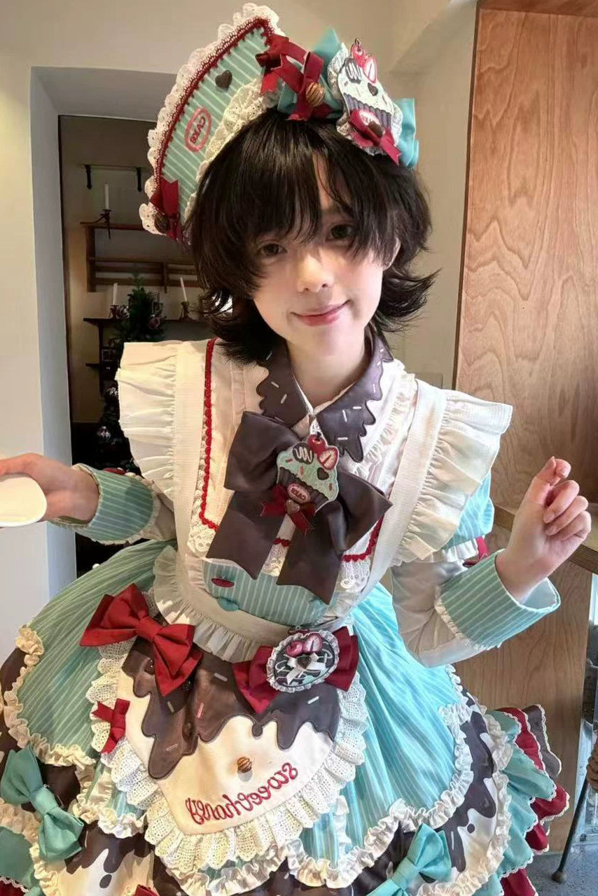 【3月20日予約締切】ミントチョコレートロリータドレス+スリーブ+エプロン+クリップ+ハット+テール