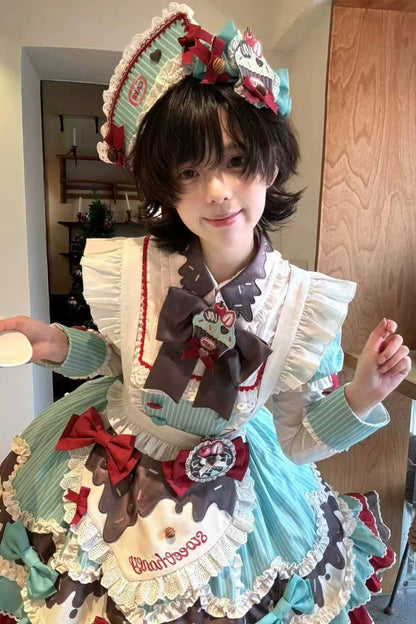 【3月20日予約締切】ミントチョコレートロリータドレス+スリーブ+エプロン+クリップ+ハット+テール