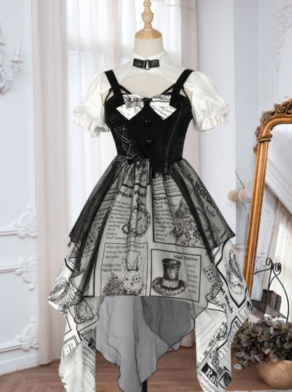 Vintage News Paper Alice Faux Two Piece Irregular Dress