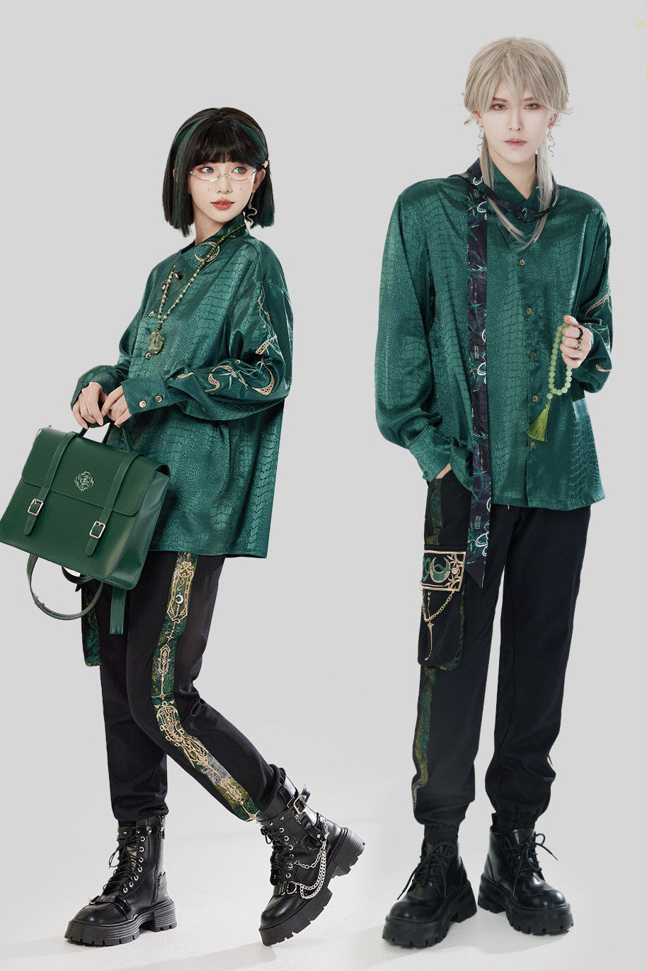 Jade Moon Dragon Embroidered Chinese Shirt + Moon Pocket Pants
