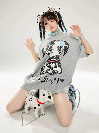 Gray Dalmatian Print Loose T-Shirt