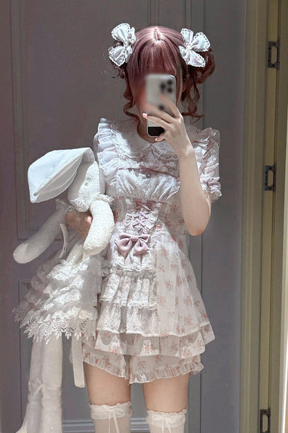 【9月2日予約締切】Romantic Pink Floral Layered Lace Dress＋Matching Shorts ＋ Bow Hairclips ＋ Bow Tie[Full set]