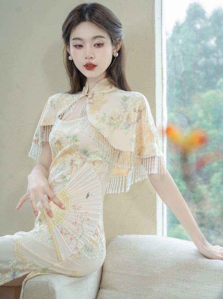 Retro Elegant Dress + Flower Shawl