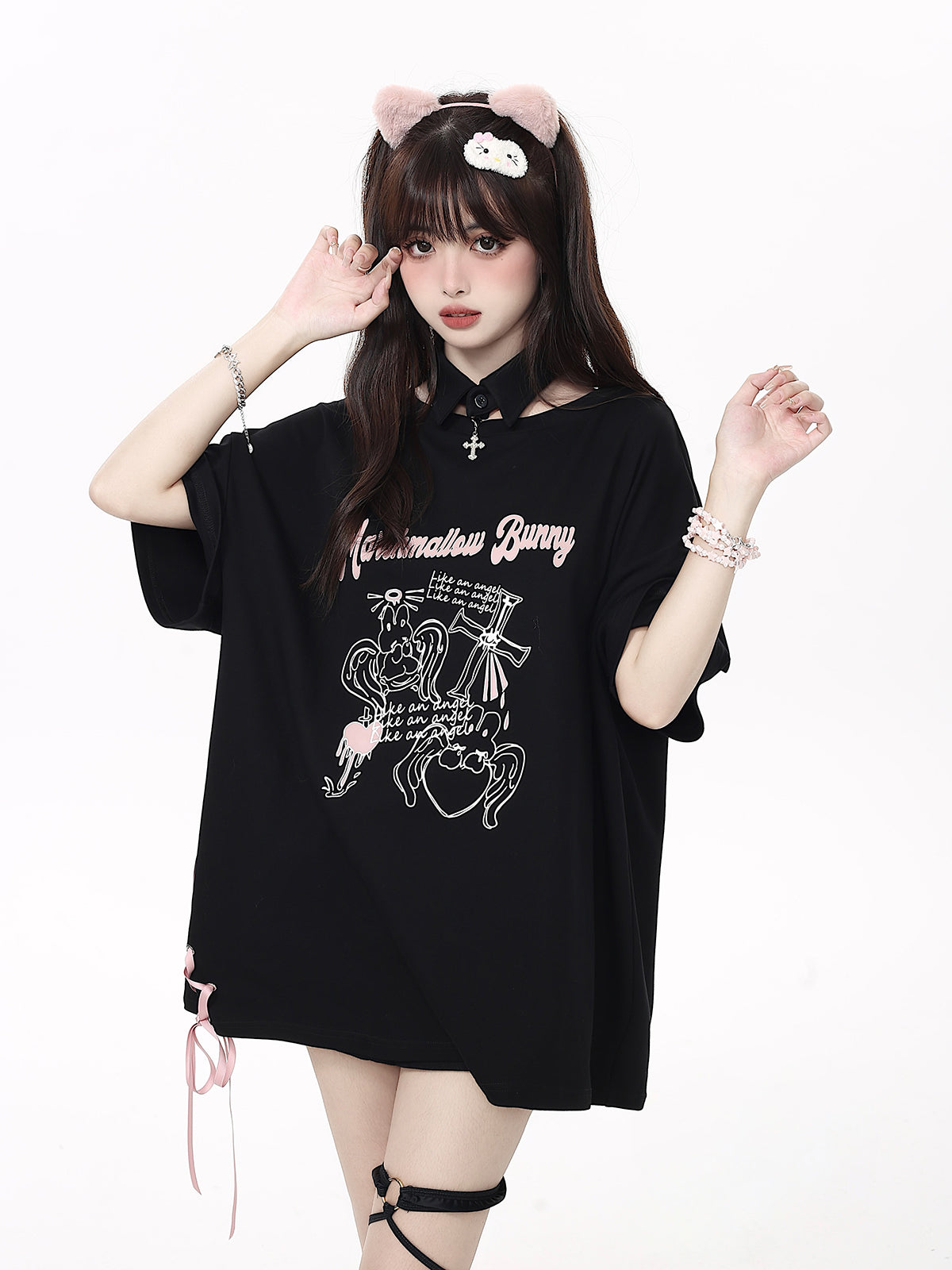 Round neck lace-up print loose T-shirt with false collar