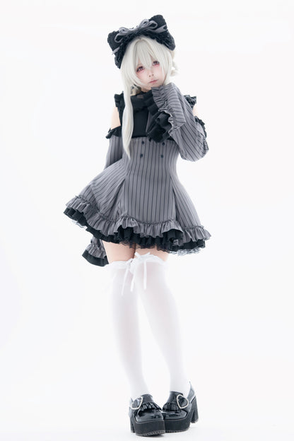 [Pre-order Deadline: October 1] Black x Gray Striped High-Low Cutout Cold-Shoulder Flare-Sleeve Frill Ribbon Dress