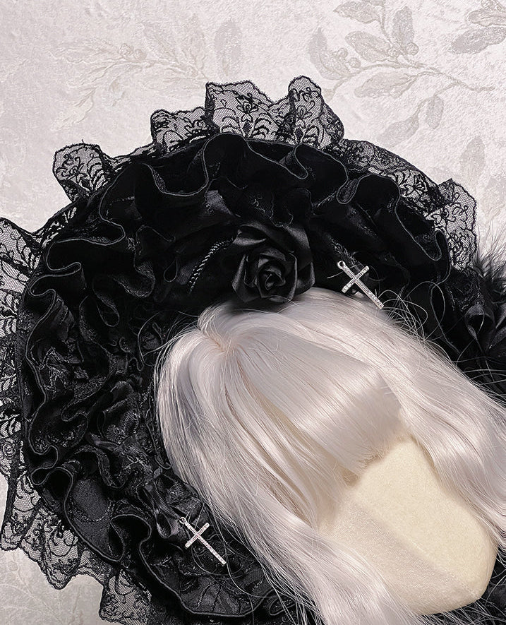 Black Mist Banquet Gothic Cross Rose Bonnet + Veil + Brooch