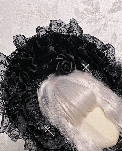 Black Mist Banquet Gothic Cross Rose Bonnet + Veil + Brooch
