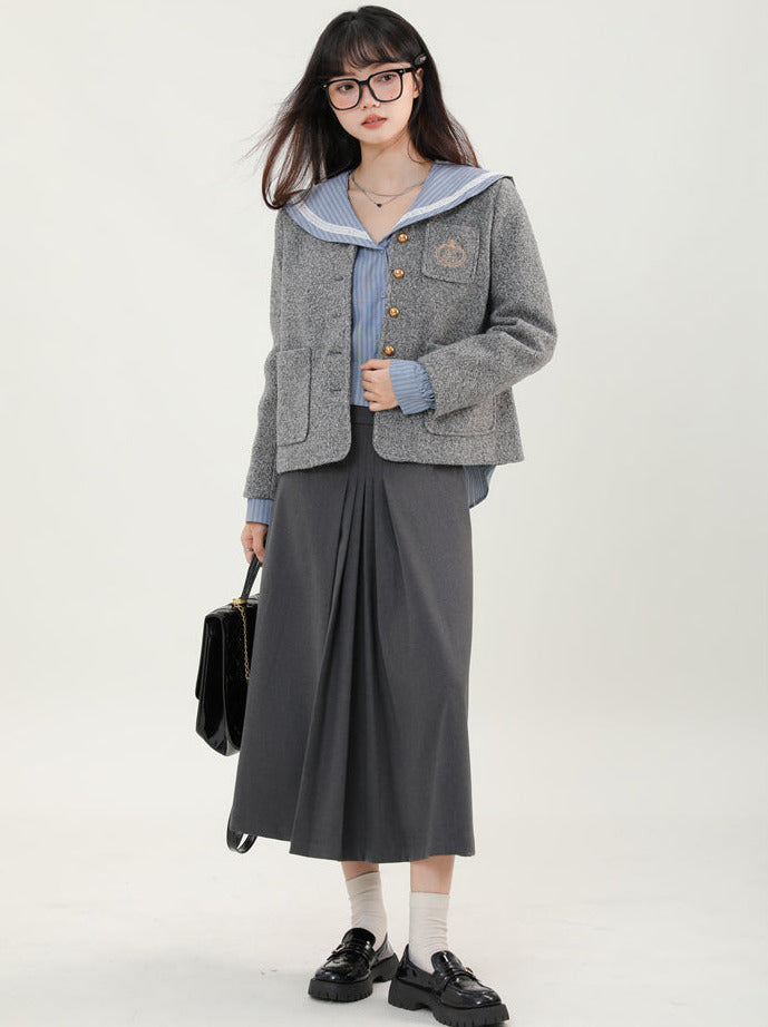 Stylish retro gray boa short jacket + blue striped sailor shirt + gray long skirt