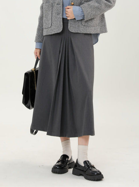 Stylish retro gray boa short jacket + blue striped sailor shirt + gray long skirt