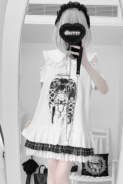 Lala-chan White Nights original design subculture print off-the-shoulder tie dress girly sweet and cool outfit