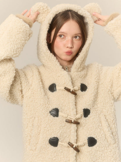 Bear Hooded Horn Button Short Lamb Wool Coat