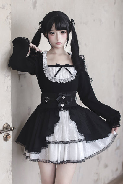 【12月6日予約締切】ブラックホワイトレースシアーショルダーニットトップス＋ケーキスカート