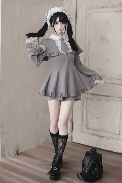 【12月8日予約締切】グレーストライプサブカルケープスーツセット＋ヘアバンド＋ヘアクリップ