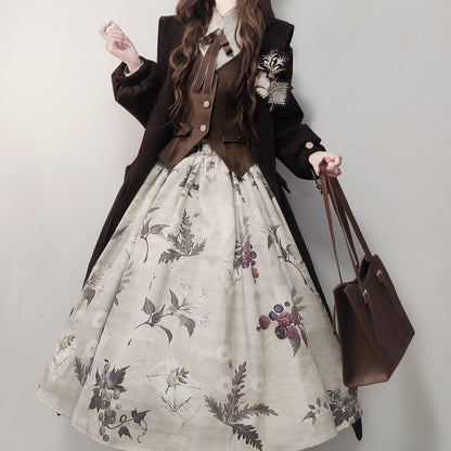 レトロロングコート+スカート+シャツ+ベスト