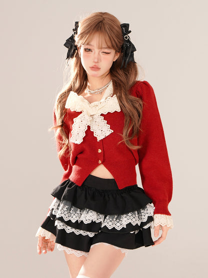 Lace Ribbon V Color Short Knit Cardigan Top