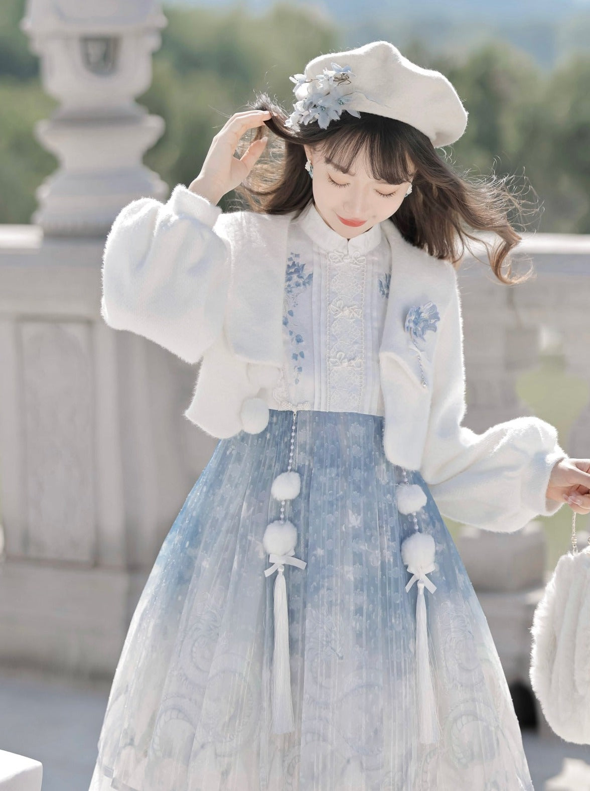 Ice Blue Chinese-Style Dress + Fur Short Coat Belchic Ice Blue Chinese-Style Dress + Fur Short Coat Belchic