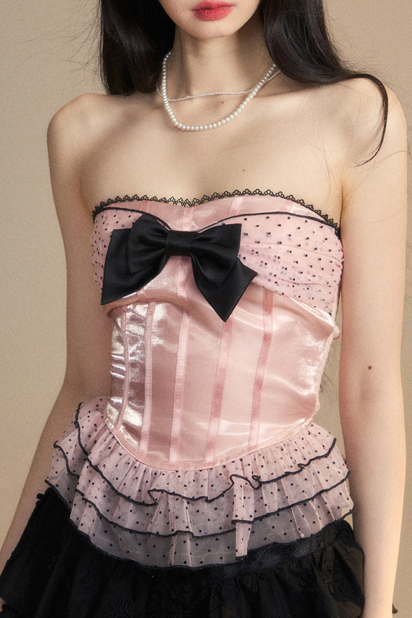 【予約商品】ドットメッシュレースリボンチューブトップス