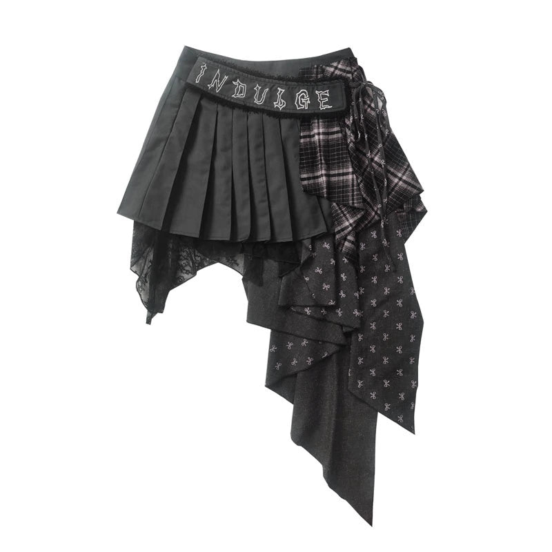 チェック柄パッチワークアシメプリーツスカート