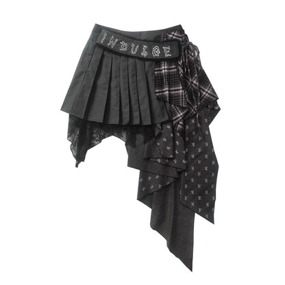 チェック柄パッチワークアシメプリーツスカート