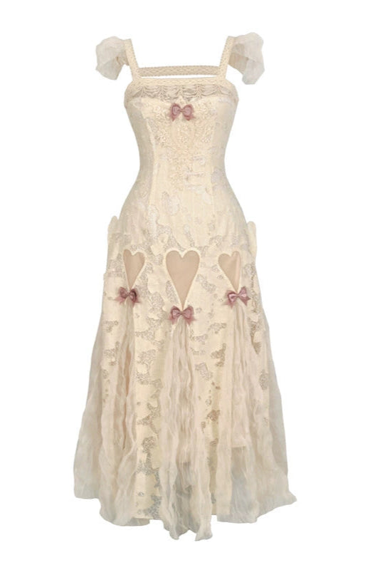 コットンラブハートリボンカットアウトレーススリップドレス