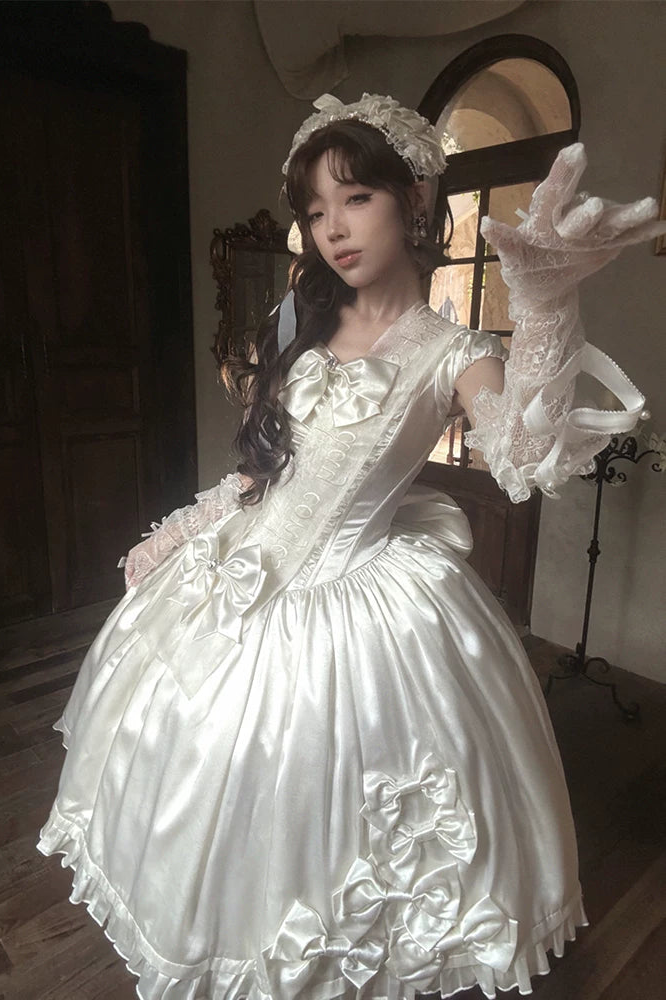 [Pre-order Deadline: August 8] Elegant Silver Satin Lolita Romantic Ribbon Dress Set
