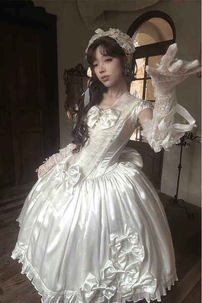 [Pre-order Deadline: August 8] Elegant Silver Satin Lolita Romantic Ribbon Dress Set