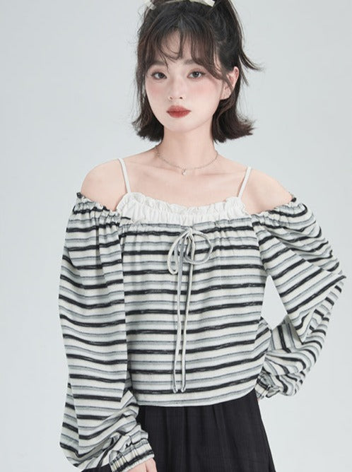 Square Collar Border Loose Tops