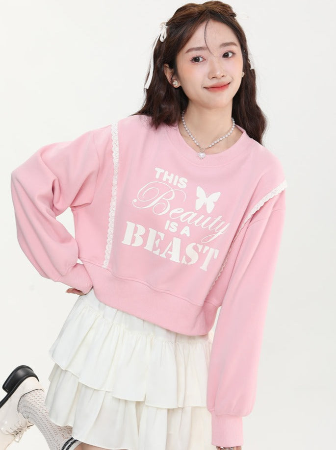 Big Sim Small Sim American Letter Print Short Sweatshirt