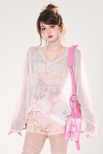 シアーサブカルVネックスモックトップス