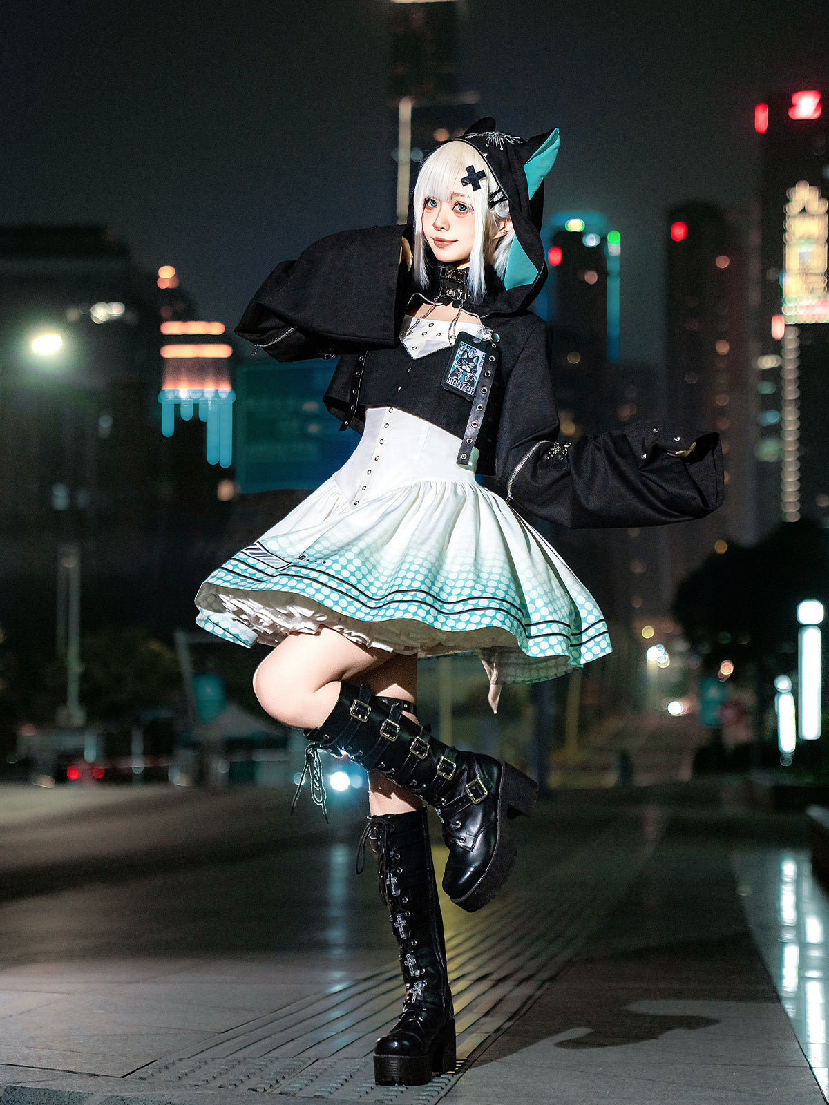 【予約商品】デイリーゴシックレトロパンクスタイルフードジャケット＋プリーツサスペンダースカート