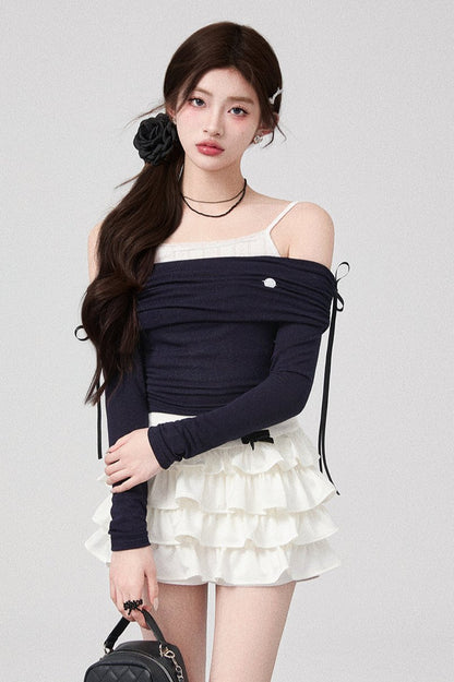 Bowan Shoulder Knit Tops + Pleated Skirt + Ribbon Cake Skirt