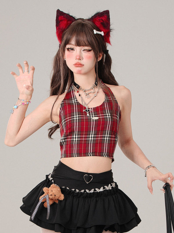 チェックスイートハートホルターネックショートタンクキャミソール