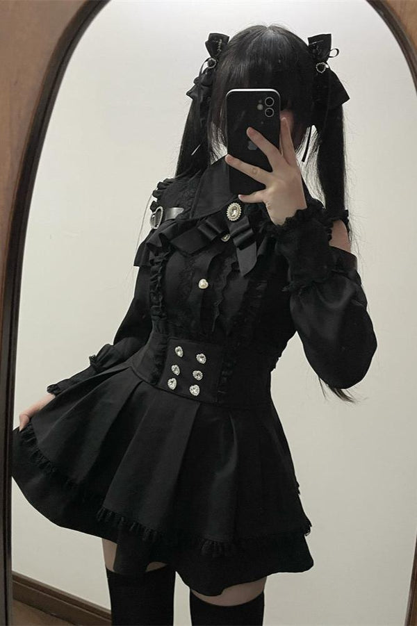 [Order Deadline: February 25] Jewel Ribbon Open Shoulder Punk Shirt + Skirt