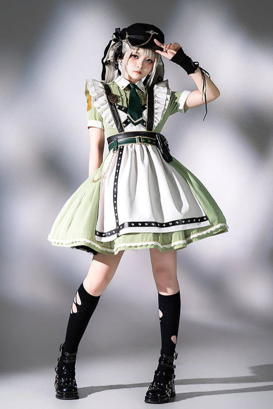 Schwarz-grünes Militär-Maid-Lolita-Kleid Komplettset