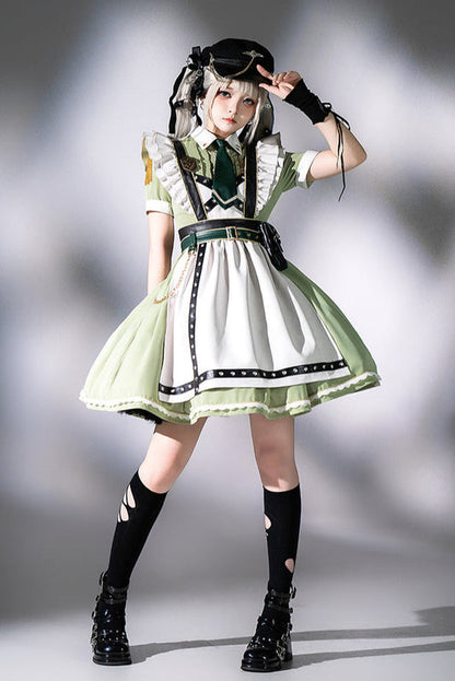 Schwarz-grünes Militär-Maid-Lolita-Kleid Komplettset